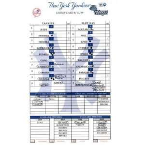  Blue Jays at Yankees 8 10 2009 Game Used Lineup Card (MLB 