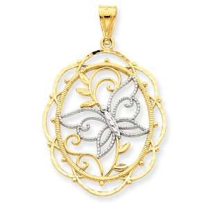 14k Gold Rhodium D/C Butterfly Oval Pendant Jewelry