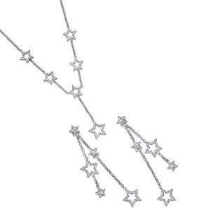    Sterling Silver CZ Crystal 6 Star Necklace & Earrings Set Jewelry