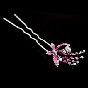    Czech Rhinestone 2 Prong Hair Stick Fork Butterfly Pink Beauty