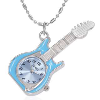 Fashion Blue Guitar Musical Instrument Pocket Watch Necklace  