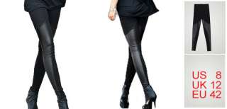 Ladies Elastic Waist Faux Leather Splicing Skinny Leggings Black M 