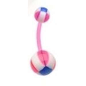   Button Navel Ring Non Dangling with Pink and Blue Square Cross Balls