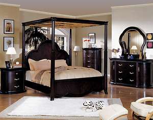 4Pc Transitional Espresso Brown Queen Canopy Poster Bed Bedroom Set 