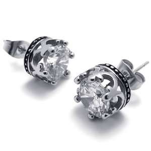  Silver Crown Stainless Steel Zircon Studs Earrings US120257  