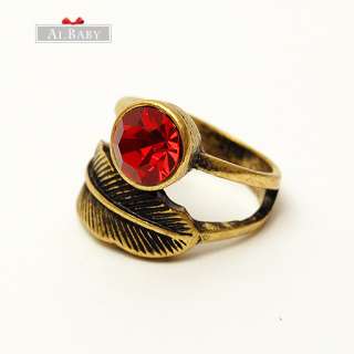 Vintage Bronze Leaf Red Zircon Ring valentines Ring r360  