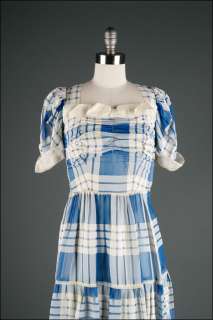 1236  Vtg 30s 40s Blue Plaid Organza Ruffles Cocktail Prom Party 