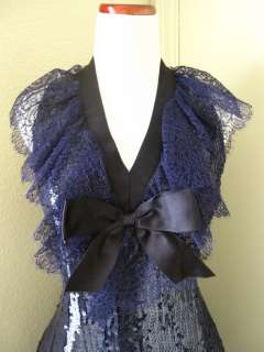 CHANEL NAVY BLUE BLACK BOW SEQUIN COCKTAIL DRESS sz 40  