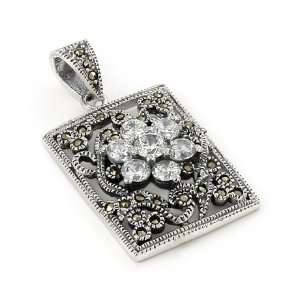  Marcasite Rectangular Pendant With Cz Flower Jewelry