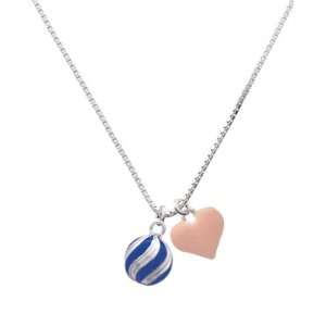  3 D Blue and Silver Striped Ornament and Pink Heart Charm 