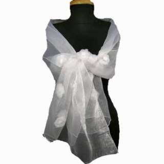    White Sheer Long Organza Shawl Scarf Wrap W/ Rosettes Clothing