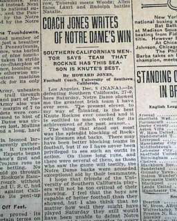   Dame Fighting Irish LAST NCAA Football Game in 1930 Newspaper  