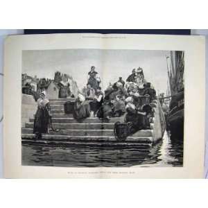  1880 Women Boulogne Fishermen Waiting Boats Steps Water 
