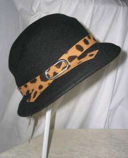 Ladies Charter Club Black Felt Wool with Leopard print Band Bucket Hat 