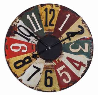 This colorful clock face consists of vintage pictures of old license 