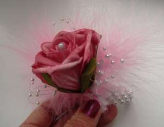 WRIST CORSAGE, BRIDESMAIDS/PROMS ROSE,FEATHERS & PEARLS  