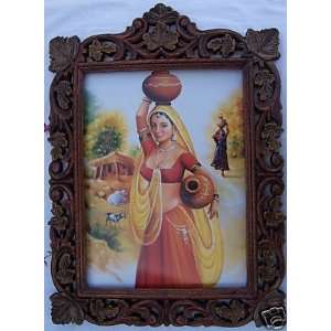  Lady with pitcher in village, Poster pic in wood craft 