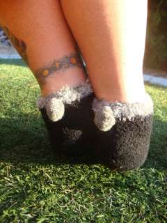 Well Worn Fuzzy & Soft Black & Silver Pom Pom Peds Ankle Socks Footies 