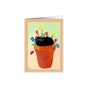  Black Cat in Clay Pot of Tulips Card Health & Personal 