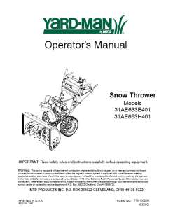 Yard Man Snow Blower Thrower Owners Operators Manual  
