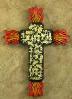 MEXICAN FOLK ART WOODEN  FLAMES  CROSS WITH GOLD TONE MILAGROS 