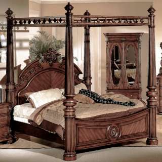   Classic Cherry Brown Wood Canopy Poster Panel Queen Bed Only Bedroom