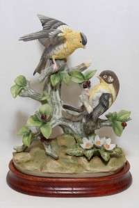   Porcelain Goldfinch Bird Figurine Branch Flower Japan Wood Base  