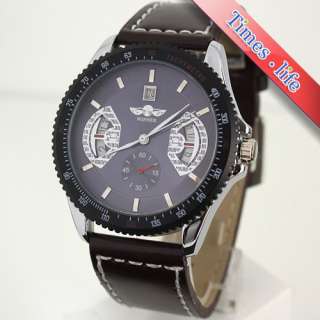 Fashion Blue Dial Wrist Watch Automatic Date Mechanical CHRO Leather 