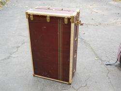 Vintage Red Tweed Oshkosh Trunk w/ Stripes Luggage 37x22x13 Clean 