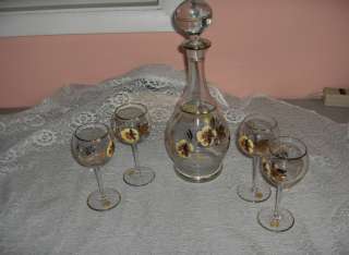 Vintage Bohemian 6 Pc Crystal Wine Decanter Art Glass Pansys Bees 