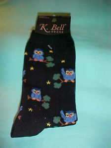 OWL OWLS on branches on ladies black K. Bell socks NEW  