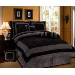 7 Pieces Black and Grey Micro Suede Comforter Set Bed in a 