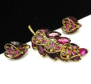 Purple Crystal Rhinestone Heart Pin Brooch Earrings Set  