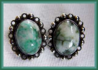   MEXICO Genuine Picture Moss Agate Clip Back Earrings c 1950s  