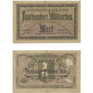  German States Wurttemberg 500 Milliarden Mark, Pick S992 