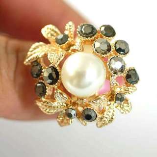 r6090 Flower Pearl Bead Gold plate Diamante CZ Adjustable Ring Fashion 