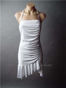 WHITE Jeweled Halter Ruffled Hem Cocktail Mini Dress M  