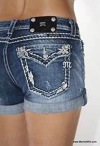Miss Me Jeans Leaves & flowers Thick Stitch Shorts Women Denim cuffed 
