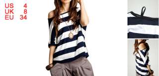 Off Shoulder Dark Blue White Striped Shirt XS for Lady  