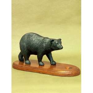  Walking Bear Statue Cast Iron Black on Wood Stand Kitchen 