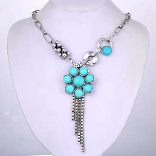 Tibet silver chain turquoise flower crafted neckalce AB  