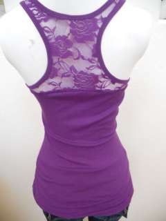 COLOR STORY PURPLE RIBBED TANK TEE TOP ROSE LACE BACK NEW WOMENS 