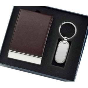  Brown Card Case & 2 Tone Silver Oblong Shaped Key Ring in 
