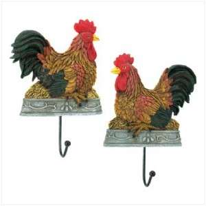 Set of 2 ROOSTER/ Chicken Sculpture Country WALL HOOKS  