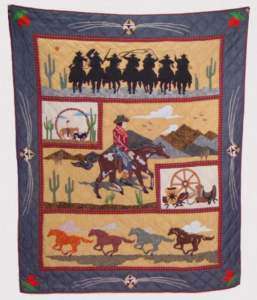 Cowboy Riders Western Throw Quilt Blanket Quilted Wall Hanging Cowgirl 