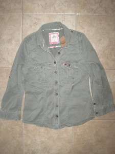 NWT Womens Hollister CLASSIC Button Down Green MILITARY CARGO 3/4 SLV 