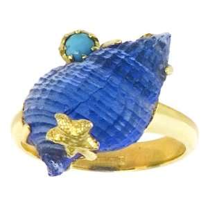   14k Yellow Gold Blue Shell Venetian Glass Ring, Size 7 Jewelry