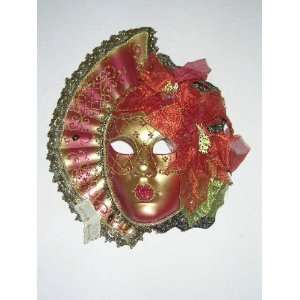  Venetian Carnival Wall Mask/Red/Gold/Fanning Headdress 