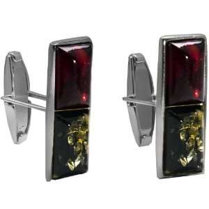   Sterling Silver Honey Green Amber Rectangular Two stone Cuff Links