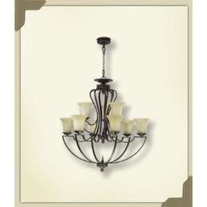   Cole 9 Light Chandelier, Toasted Sienna Finish with Amber Scavo Glass